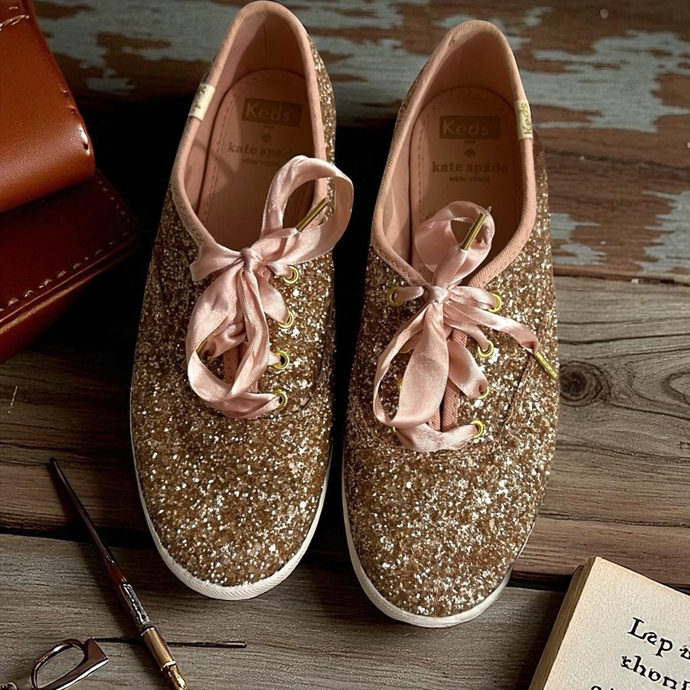 Kate Spade Keds Gold‎ Glitter Ribbon Lace Up Sneakers Shoes Size 6.5